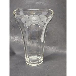 Tall Clear Mikasa (Unsigned) Vase With Flared Top And Frosted Floral